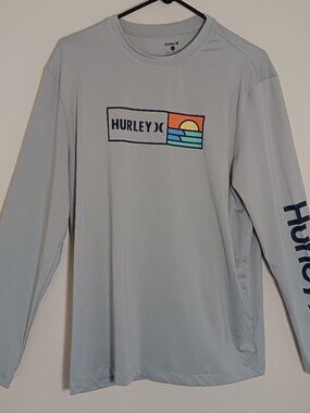 Hurley shirt mens large gray long sleeves sunset wave graphic logo surf beach